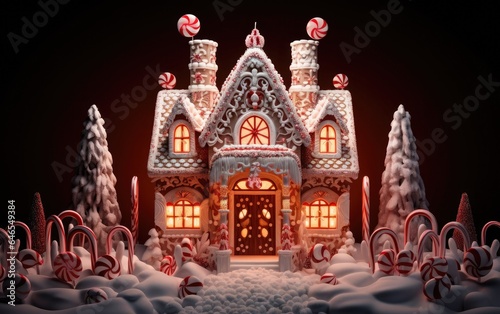 Gingerbread house surrounded with candy canes  gumdrops  and icing
