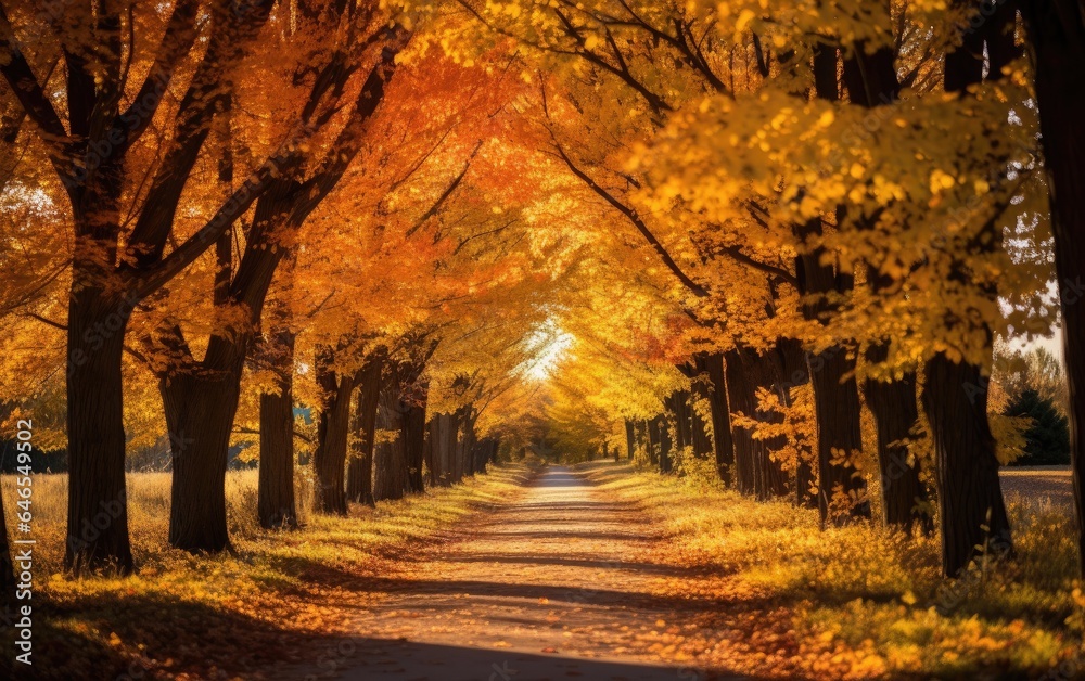 The tree-lined path covered in fallen leaves, capturing the picturesque beauty of autumn's colorful foliage