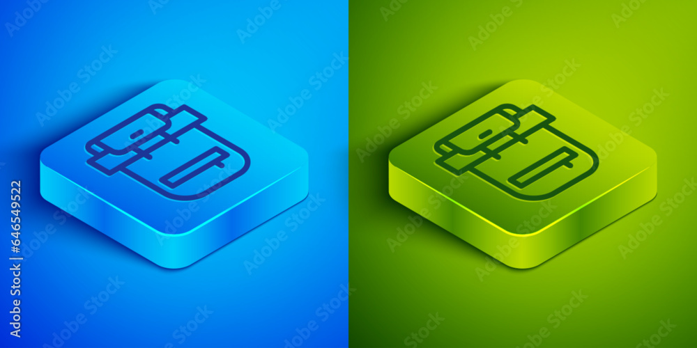 Isometric line Hiking backpack icon isolated on blue and green background. Camping and mountain exploring backpack. Square button. Vector