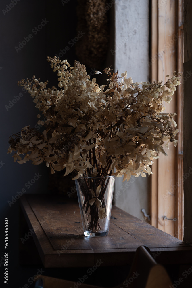 bouquet of dried flowers in antique  indoor interior