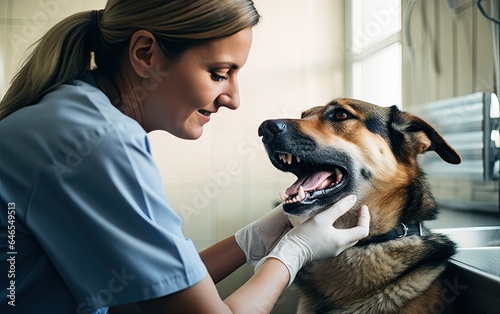 A veterinarian examining the teeth of a dog