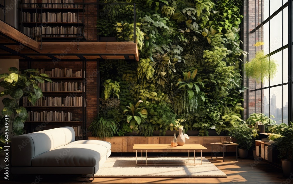 A vertical garden incorporated into a home interior, featuring cascading plants in a living room corner, adding a touch of nature to indoor spaces and enhancing air quality A vertical garden incorporated into a home interior, featuring cascading plants in a living room corner, adding a touch of nature to indoor spaces and enhancing air quality