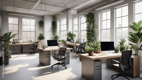 Modern office with ergonomic setup and indoor plants for productivity © Matthias