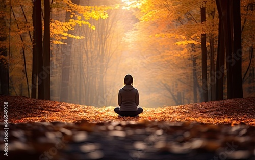 Young woman meditating in nature in autumn #646549938