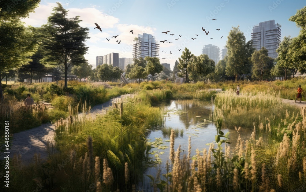 Rewilded wetland area within a city park, featuring a mosaic of wetland plants and habitats that attract diverse wildlife, demonstrating the potential of restoring urban ecosystems Rewilded wetland area within a city park, featuring a mosaic of wetland plants and habitats that attract diverse wildlife, demonstrating the potential of restoring urban ecosystems