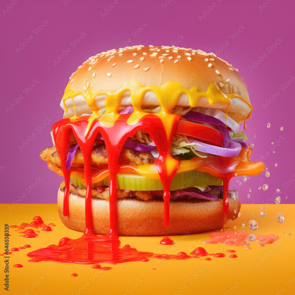 Obraz premium A hamburger with a rainbow of colors is dripping down the side of it