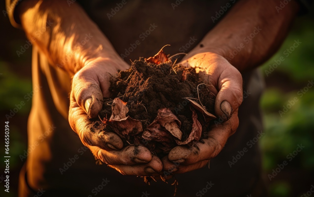 Farmer holding a clump of rich, dark soil in hands  showcasing the end result of composting and its benefits for soil health - obrazy, fototapety, plakaty 