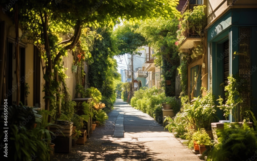 A rewilded neighborhood alley, transformed into a lush, shaded pathway with trees and climbing plants, creating a cool and inviting pedestrian route