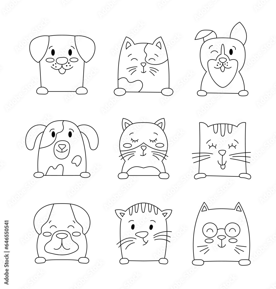 Cute cat and dog pets. Coloring Page. Funny puppy, kitten domestic animals. Cartoon characters. Vector drawing. Collection of design elements. Cute cat and dog pets. Coloring Page. Funny puppy, kitten domestic animals. Cartoon characters. Vector drawing. Collection of design elements.
