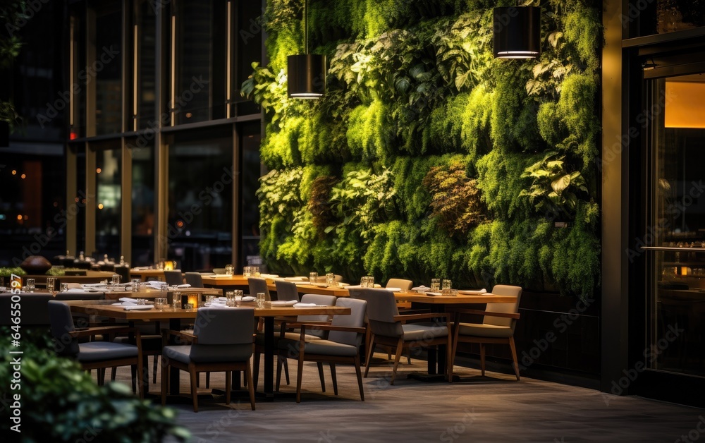 Vertical garden on a restaurant patio, providing a natural backdrop for outdoor dining and showcasing the integration of greenery with urban design