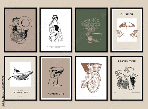 Bohemian collection of woman portrait and botanical illustrations for wall art gallery	