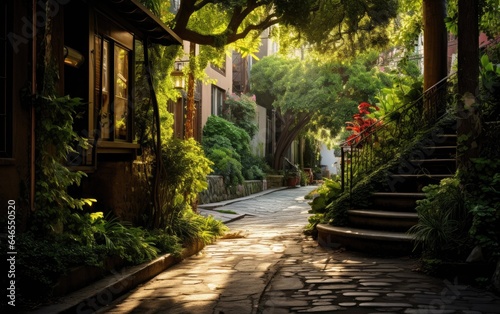 A rewilded neighborhood alley, transformed into a lush, shaded pathway with trees and climbing plants, creating a cool and inviting pedestrian route