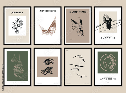 Bohemian collection of woman portrait and botanical illustrations for wall art gallery	