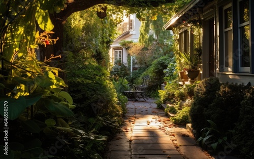 A rewilded neighborhood alley  transformed into a lush  shaded pathway with trees and climbing plants  creating a cool and inviting pedestrian route