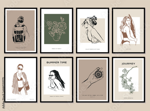 Bohemian collection of woman portrait and botanical illustrations for wall art gallery	