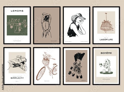 Bohemian collection of woman portrait and botanical illustrations for wall art gallery	