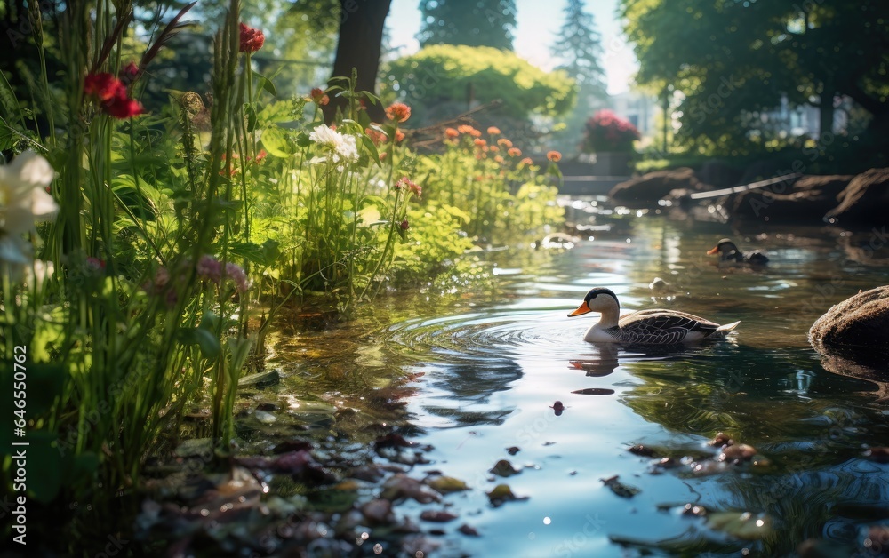 Ducks swimming in an urban pond in a city park, home to a variety of aquatic plants, highlighting the importance of water habitats for supporting diverse wildlife Ducks swimming in an urban pond in a city park, home to a variety of aquatic plants, highlighting the importance of water habitats for supporting diverse wildlife