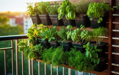 A balcony transformed into a vertical herb garden, with rows of potted herbs and small plants arranged in a space-saving manner, demonstrating the potential of vertical gardening in limited spaces