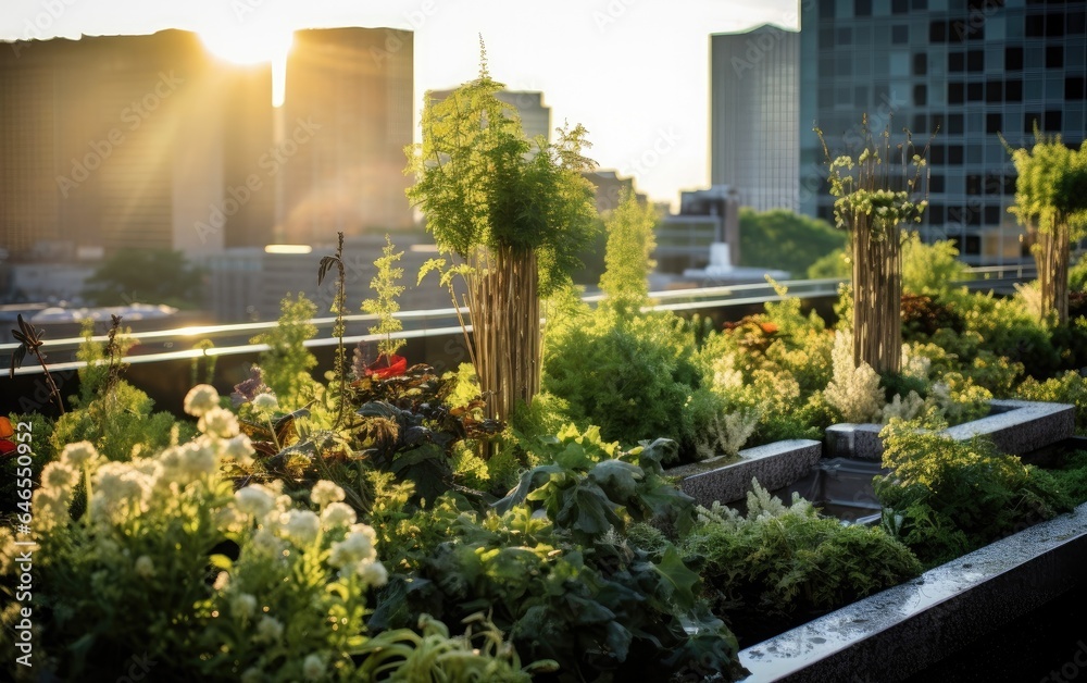 Rewilded rooftop garden on a city skyscraper, featuring native plants, demonstrating the potential of incorporating green spaces into urban architecture Rewilded rooftop garden on a city skyscraper, featuring native plants, demonstrating the potential of incorporating green spaces into urban architecture
