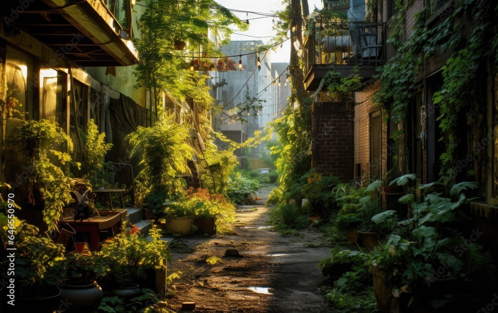 A rewilded neighborhood alley, transformed into a lush, shaded pathway with trees and climbing plants, creating a cool and inviting pedestrian route A rewilded neighborhood alley, transformed into a lush, shaded pathway with trees and climbing plants, creating a cool and inviting pedestrian route