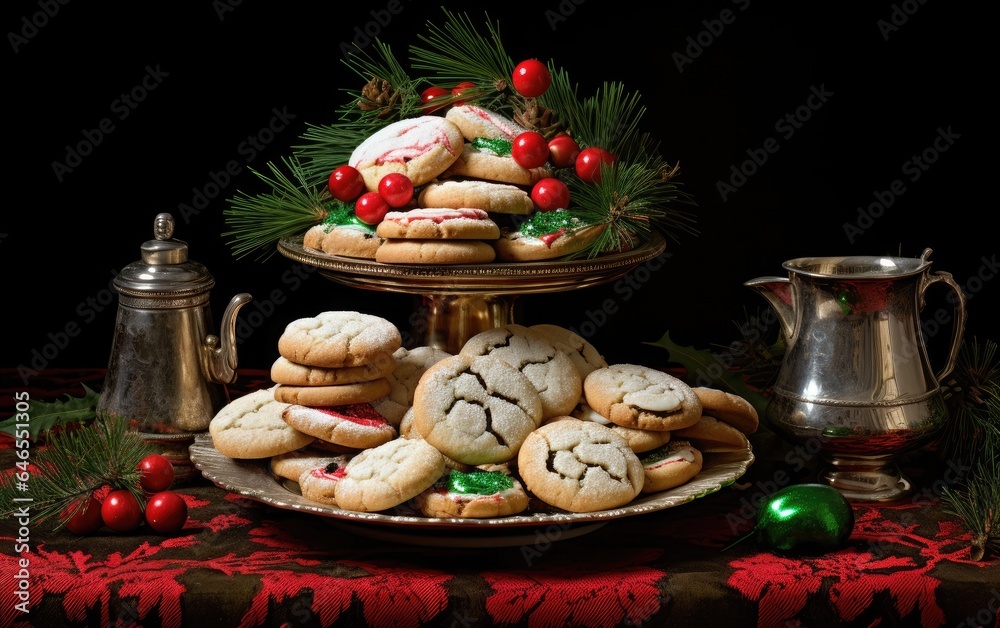 A festive arrangement of homemade cookies on a plate next to the Christmas decorations