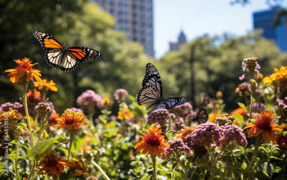 Butterflies flying over colorful blooming flowers in an urban park