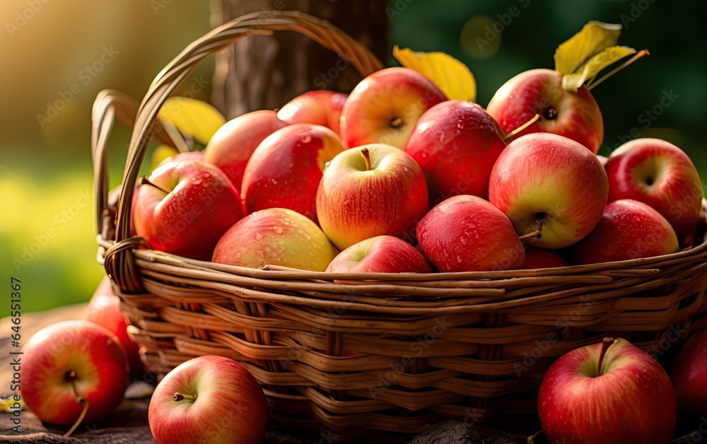 A basket of delicious red apples in nature A basket of delicious red apples in nature