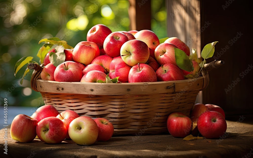 A basket of delicious red apples in nature A basket of delicious red apples in nature