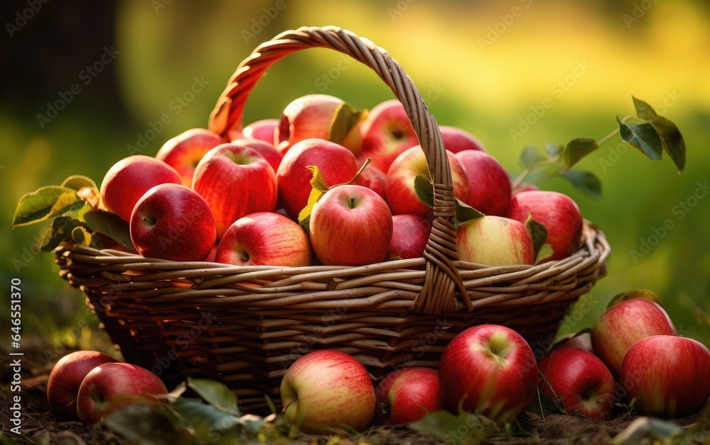 A basket of delicious red apples in nature A basket of delicious red apples in nature