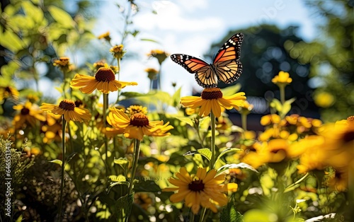 Butterflies flying over colorful blooming flowers in an urban park, demonstrating the importance of providing habitat for local wildlife in the cityscape 