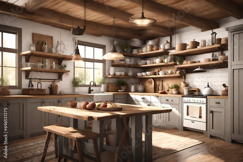 3D scene of a farmhouse-style kitchen. Emphasize rustic wooden elements, open shelves, and warm, earthy tones that evoke a sense of traditional comfort