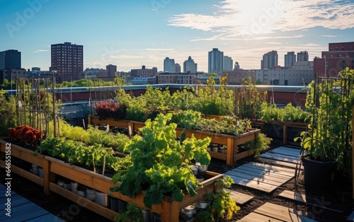 Rewilded rooftop garden on a city skyscraper, featuring native plants, demonstrating the potential of incorporating green spaces into urban architecture