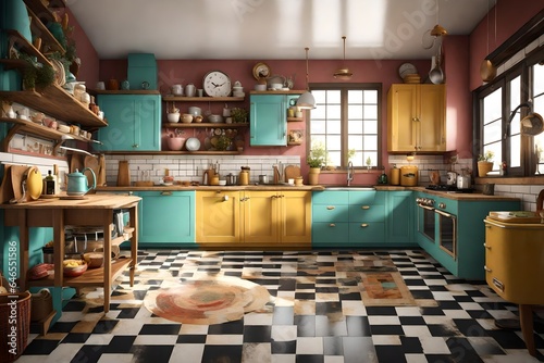  3D scene of a retro-inspired kitchen with colorful appliances, checkered floors, and vintage decor that transports viewers to a bygone era of culinary charm. © Areesha