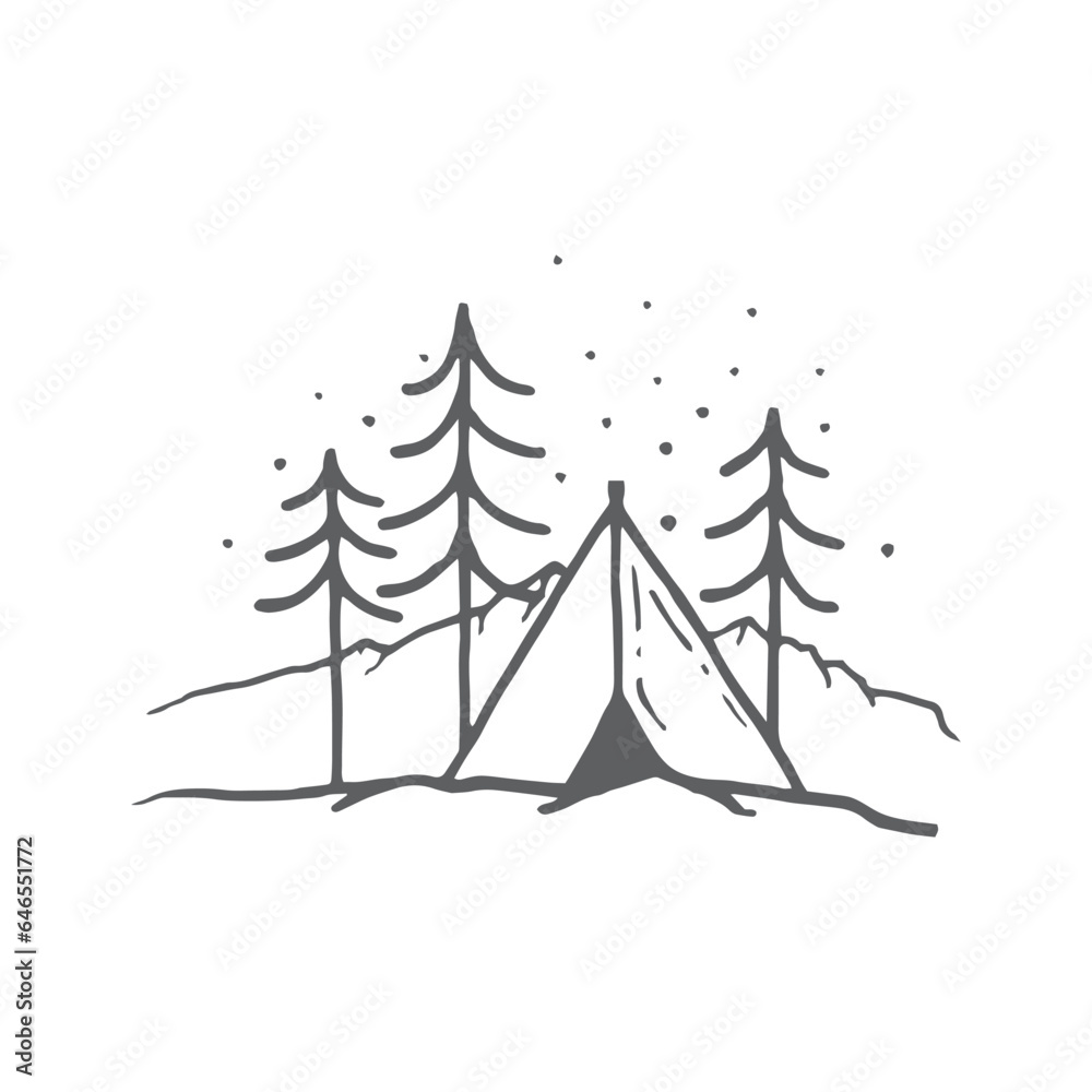 tourist tent, camping in a mountain drawing