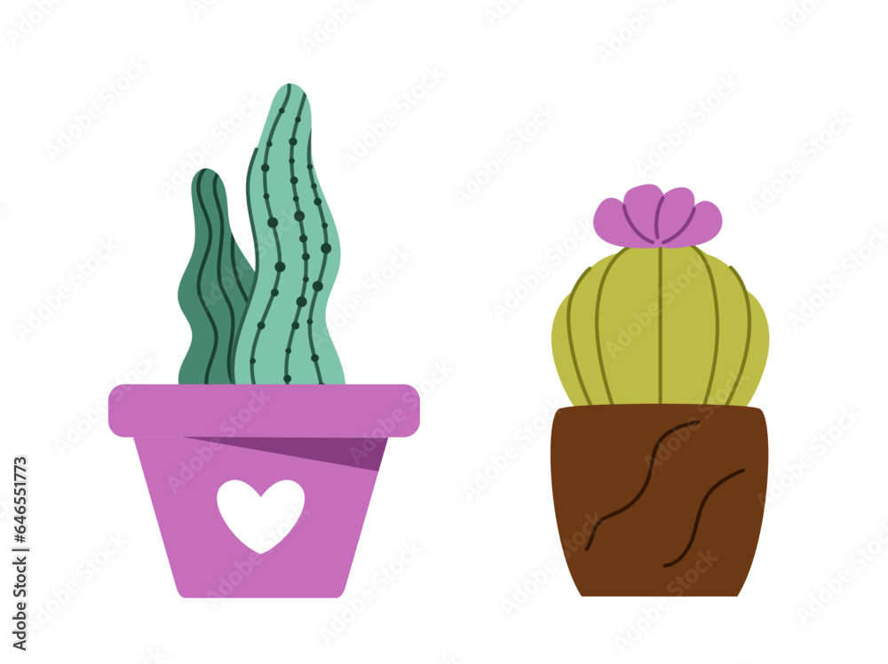 Succulents at flowerpots set. Cactus in pink and brown flowerpots. Decor and interior elements for home. Template, layout and mock up. Cartoon flat vector collection isolated on white background Succulents at flowerpots set. Cactus in pink and brown flowerpots. Decor and interior elements for home. Template, layout and mock up. Cartoon flat vector collection isolated on white background