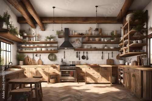 3D scene of a farmhouse-style kitchen. Emphasize rustic wooden elements, open shelves, and warm, earthy tones that evoke a sense of traditional comfort © Areesha