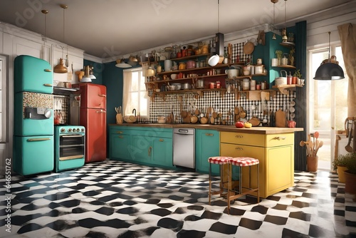  3D scene of a retro-inspired kitchen with colorful appliances  checkered floors  and vintage decor that transports viewers to a bygone era of culinary charm.
