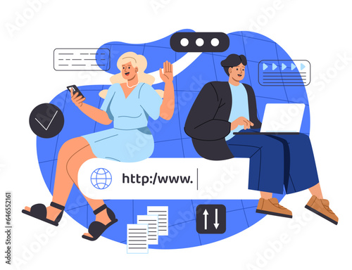 People with web search concept. Man and woman near searching bar with laptop. Knowledge and information online. Promotion of webpages and websites. Cartoon flat vector illustration