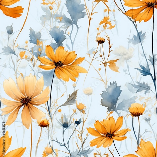 Seamless minimalistic watercolor pattern: the wildflowers and herbs. AI generated © Dasha Yurk