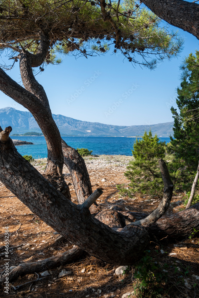 Isolated, hard approachable beaches with sharp rocks at cape Raznjic, on the far end of Korcula island, Croatia, overlooking Peljesac peninsula