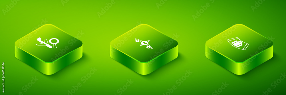Set Isometric Plane, Conveyor belt with suitcase and Airplane search icon. Vector Set Isometric Plane, Conveyor belt with suitcase and Airplane search icon. Vector