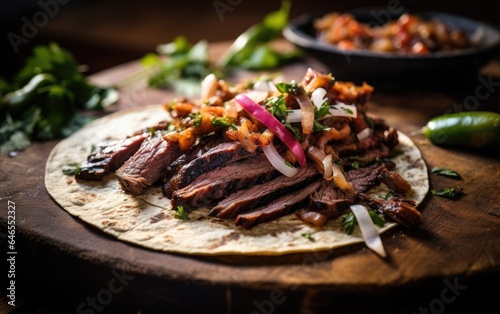 A perfectly grilled carne asada taco with meat and vegetables