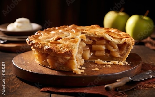 Freshly baked apple pie on a wooden table