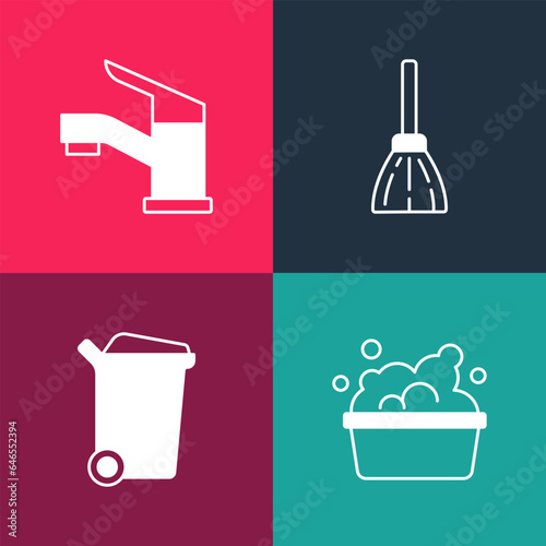Set pop art Basin with soap suds, Trash can, Handle broom and Water tap icon. Vector