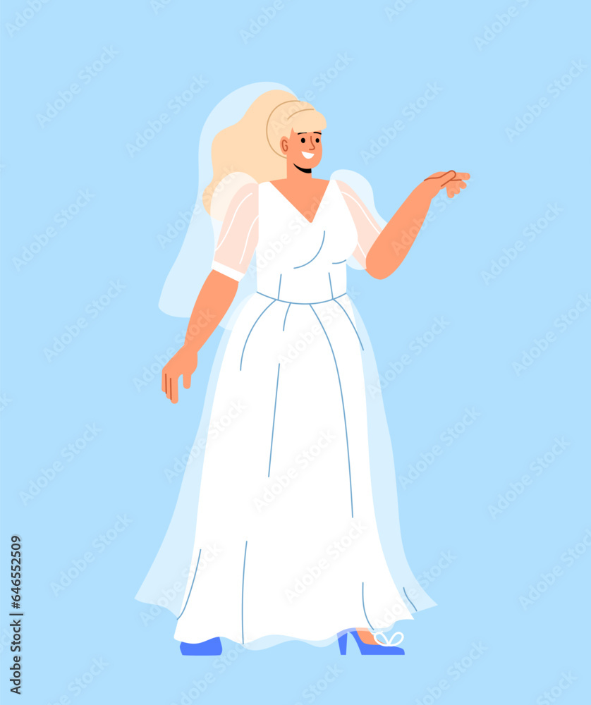 Woman in wedding dress concept. Young girl at marriage, bride and wife. Pretty and beauty person at marriage. Poster or banner. Cartoon flat vector illustration isolated on blue background Woman in wedding dress concept. Young girl at marriage, bride and wife. Pretty and beauty person at marriage. Poster or banner. Cartoon flat vector illustration isolated on blue background
