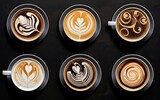 Overhead shot of cups of cappuccinos on a dark background