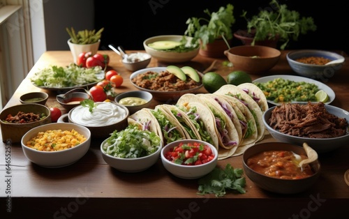Delicious tacos filled with various vegetables and meat next to the various sauces and herbs on a wooden surface