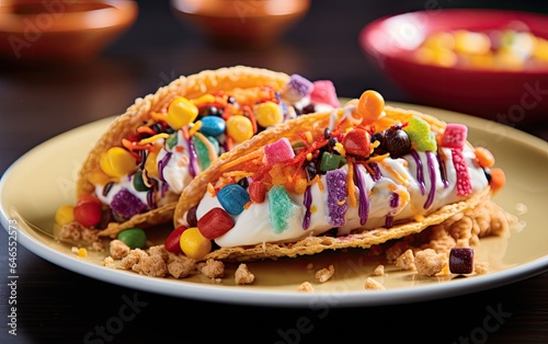 Kid-friendly dessert tacos with colorful cereal and marshmallow filling on a plate