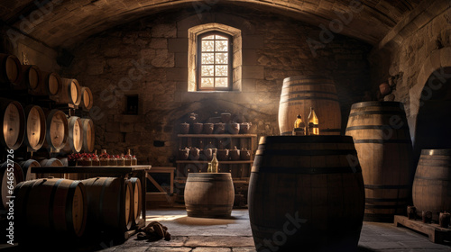 Oak wine barrels in the wine cellar. Generative AI