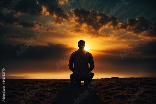man praying at sunset. ai generative